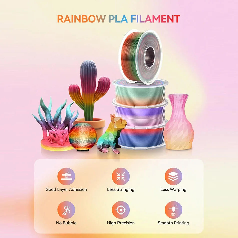 JAYO PLA Rainbow Filament 1.75mm 5 Rolls PLA Transparent/ Silk PLA Rainbow 3D Filament For FDM Neatly Wound 3D Printing Material