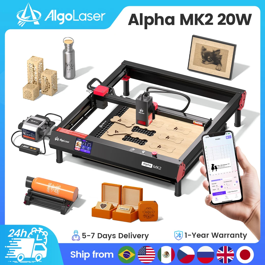 AlgoLaser Alpha MK2 20W Powerful Laser Engraver Set CNC Laser Cutter DIY Tools with Air Pump Honeycomb Work Table Rotary Roller