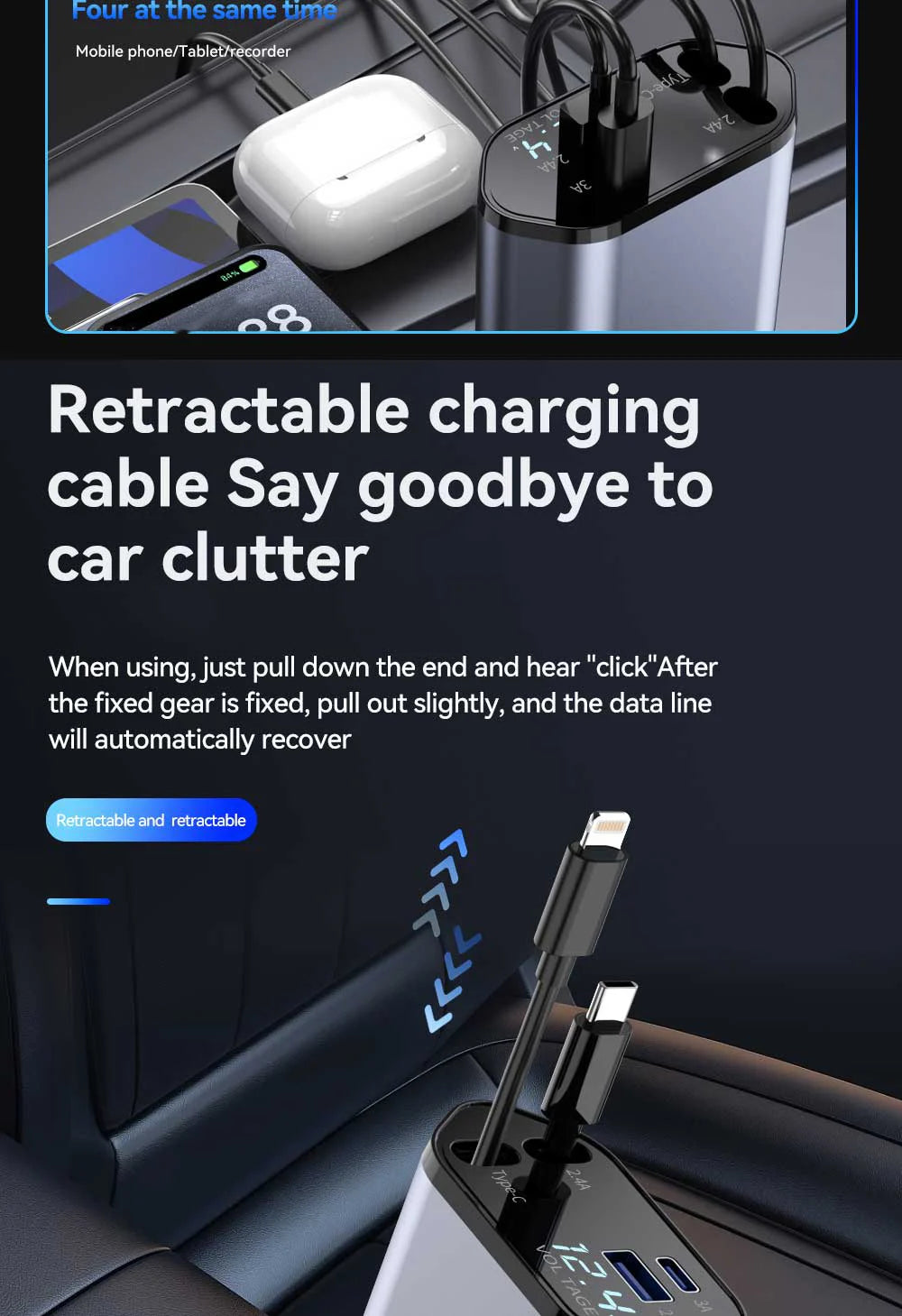 120W 4 in 1 Retractable Car Charger