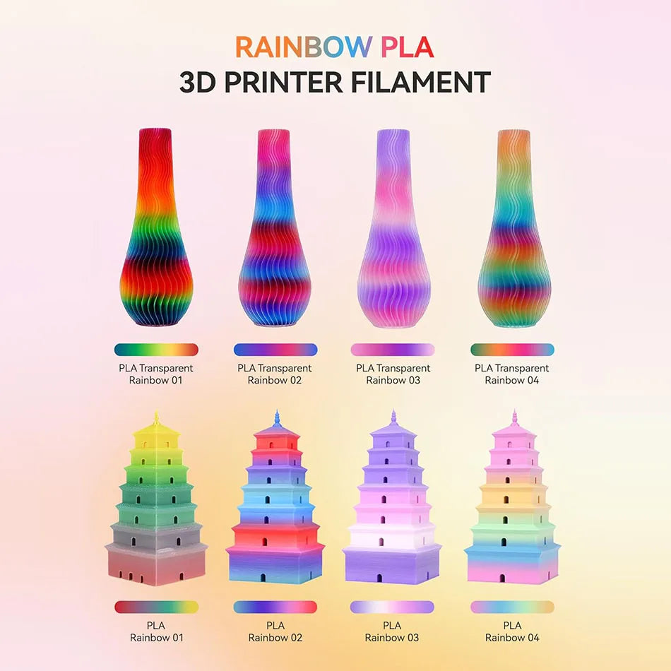 JAYO PLA Rainbow Filament 1.75mm 5 Rolls PLA Transparent/ Silk PLA Rainbow 3D Filament For FDM Neatly Wound 3D Printing Material